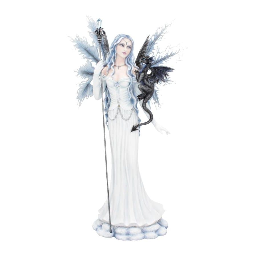 Ice fairy figurine in a blue dress with a small dragon on her shoulder
