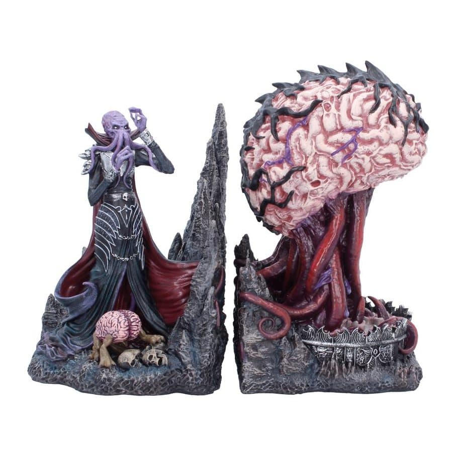 Illithid and elder brain bookends on a rocky base with skulls