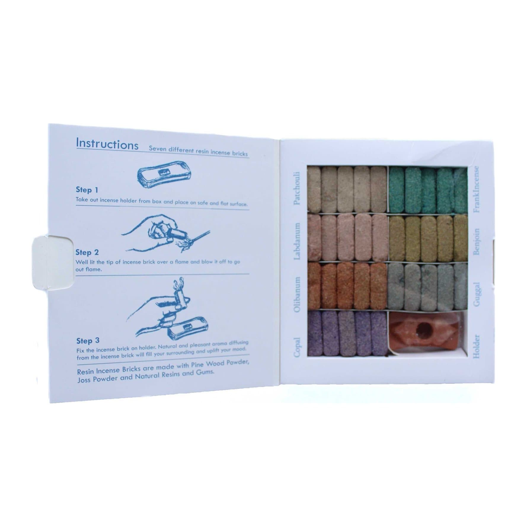 Display set of incense bricks with a terracotta holder