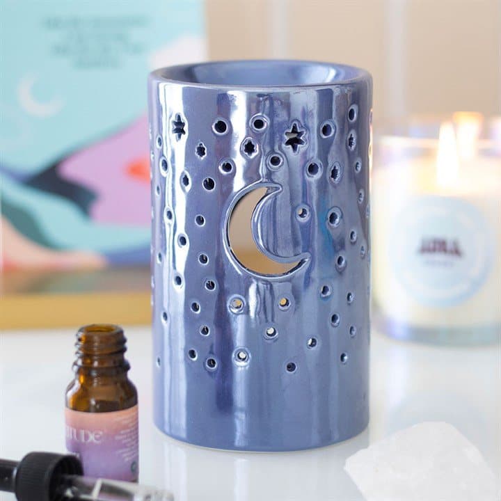 Iridescent ceramic moon pillar oil burner with cut-out moon and stars