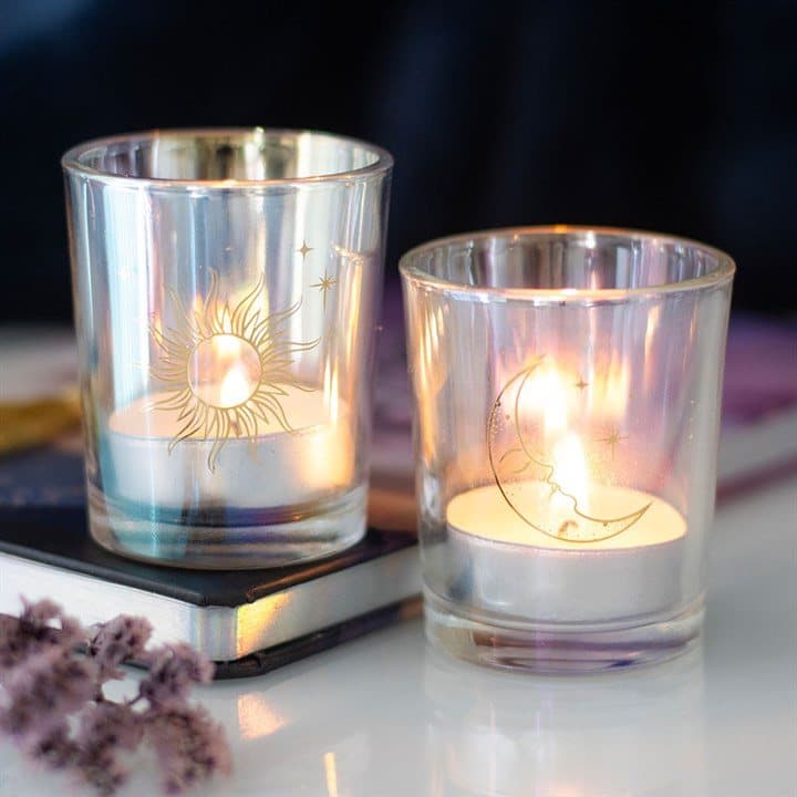 Iridescent glass sun and moon votive candle holders with gold foil