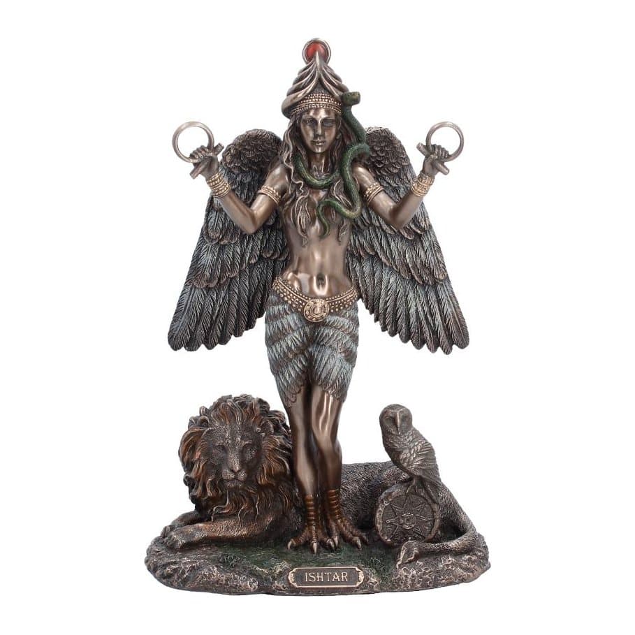 Bronze-effect Ishtar goddess figurine with a lion and an owl