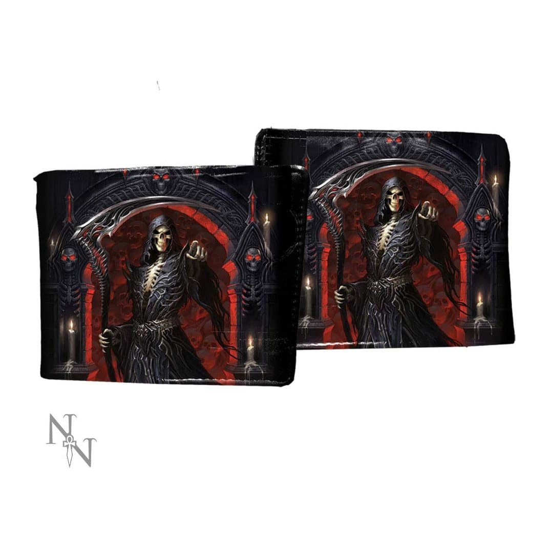 Grim reaper wallet showing a skeleton reaper before a glowing red skull crypt