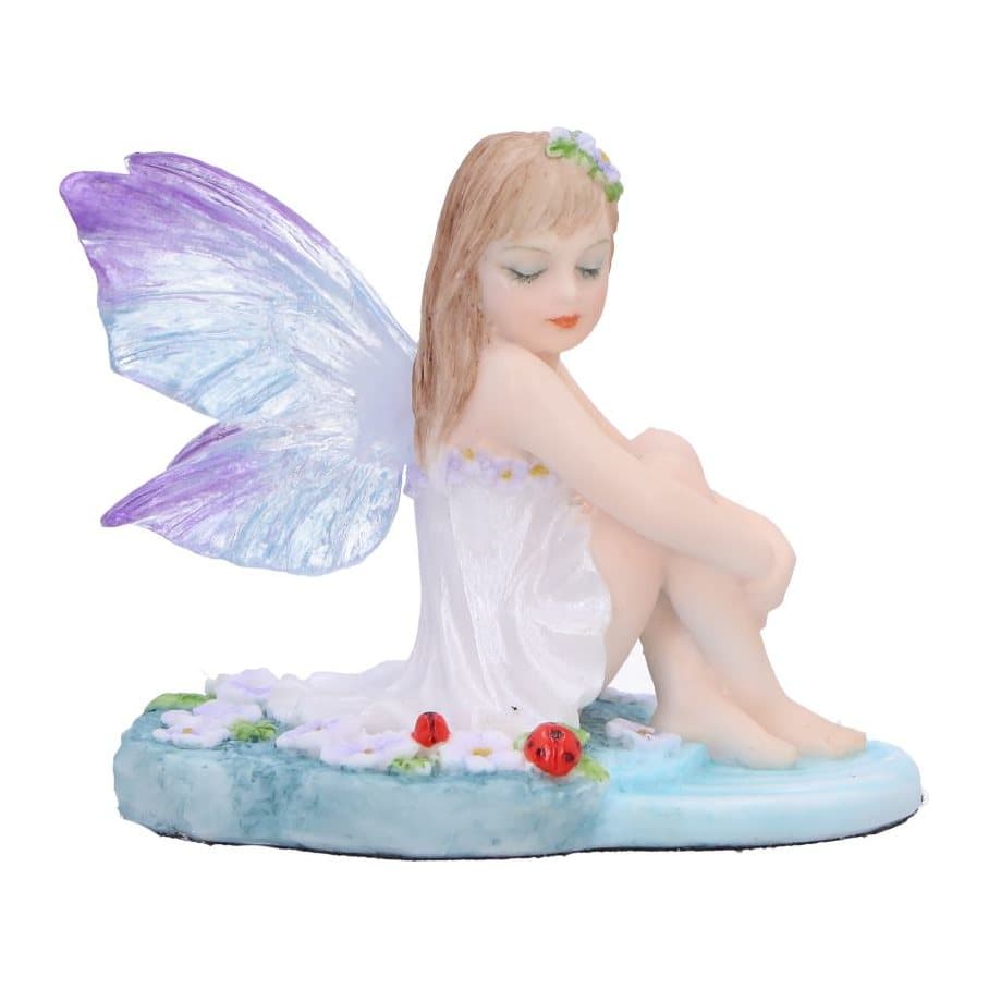 Water nymph figurine with blue and purple wings, purple lilies and red ladybugs