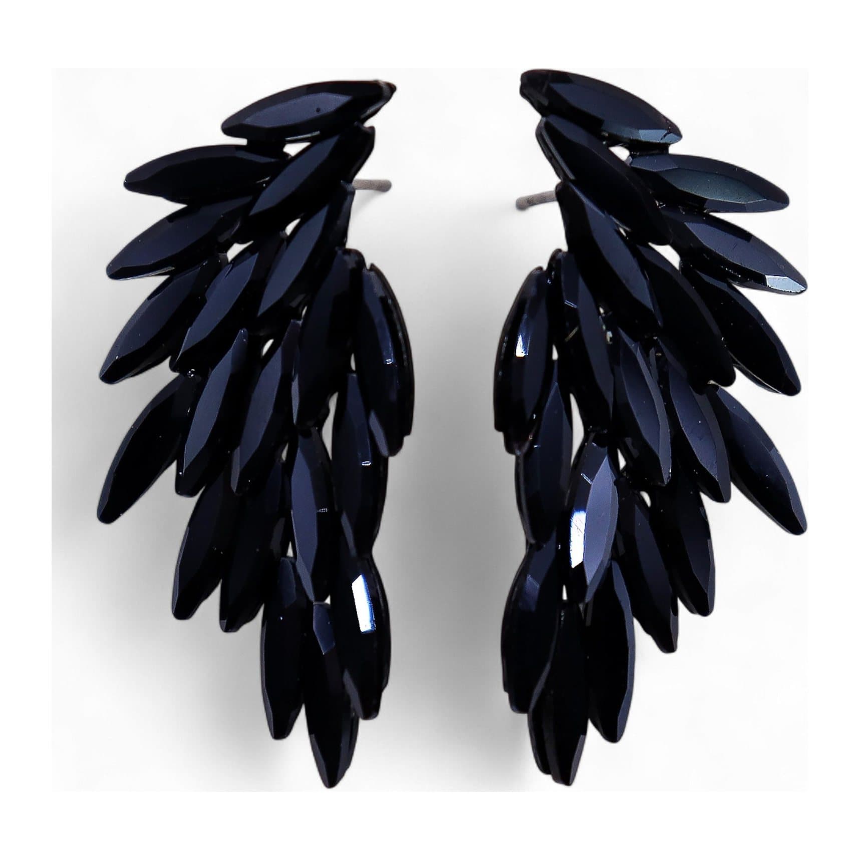 Jet black vintage glass angel wings earrings with stainless steel wings