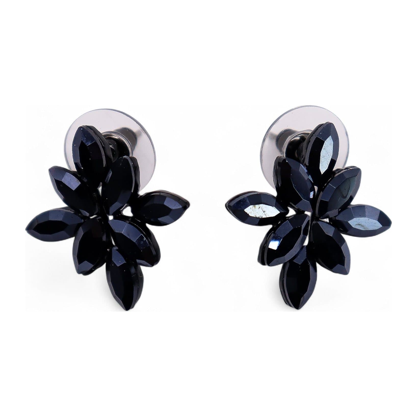 Pair of jet black glass and stainless steel flower earrings