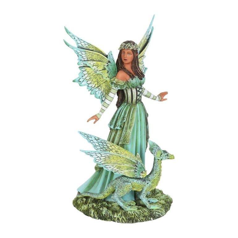 Painted green fairy figurine standing with her dragon companion