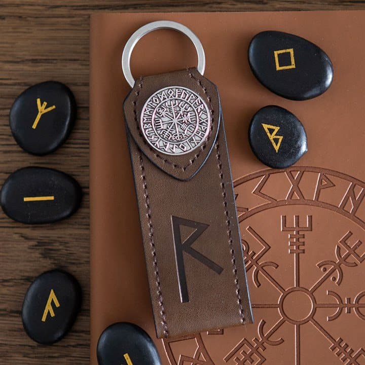 Viking rune keyring with a faux leather tab and a metal rune