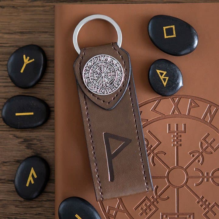 Joy Viking rune keyring with a metal compass on a faux leather tab