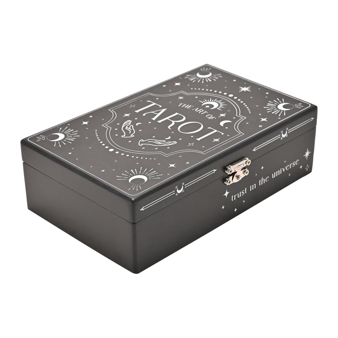 Black tarot card box with white Tarot lettering, stars and celestial symbols