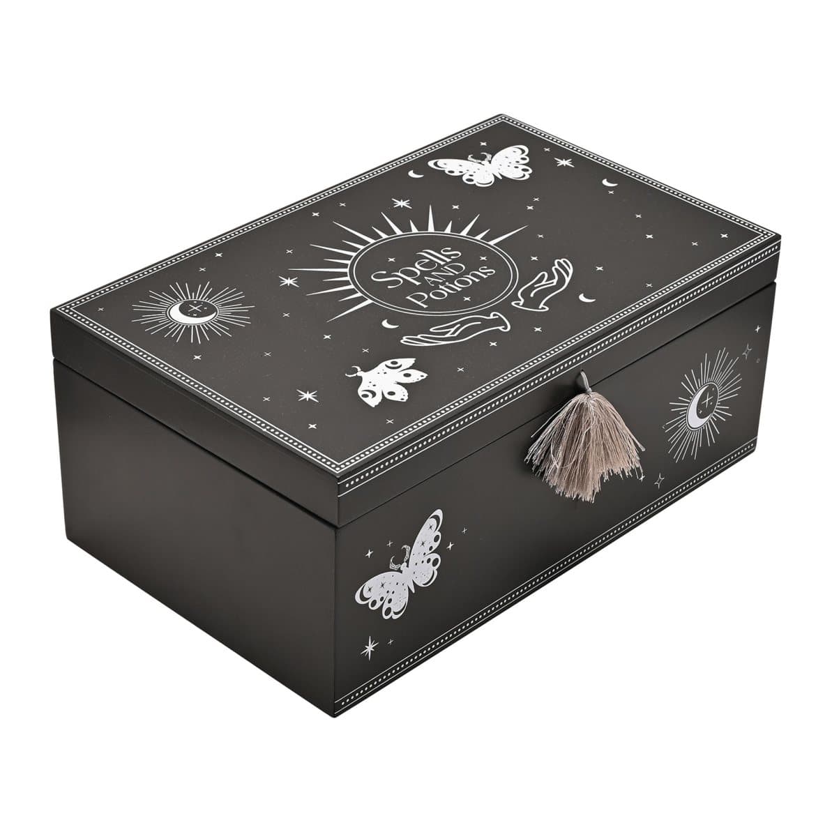 Black wooden box with moons, stars and butterflies and a tassel