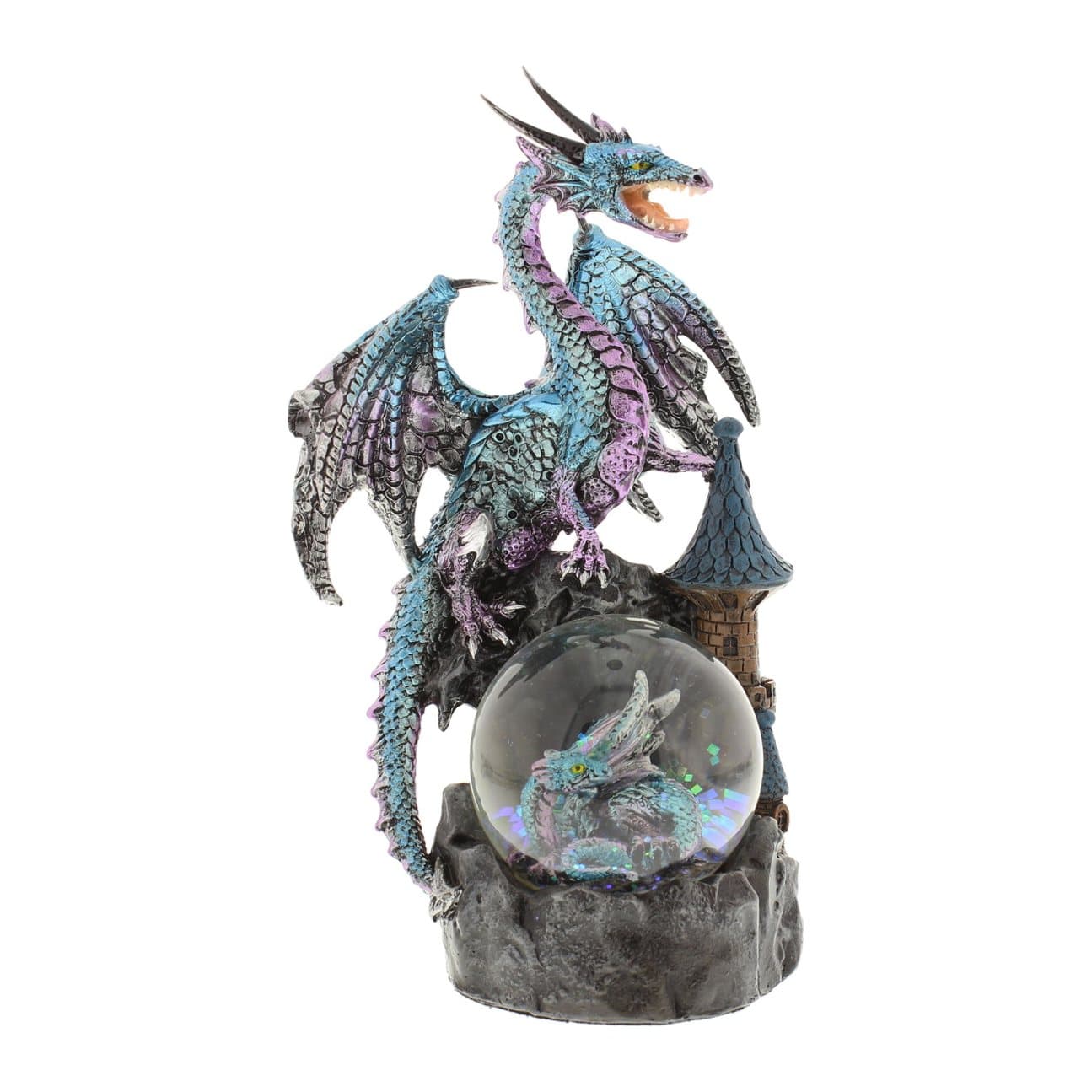 Blue dragon figurine with metallic scales on a glittering waterball