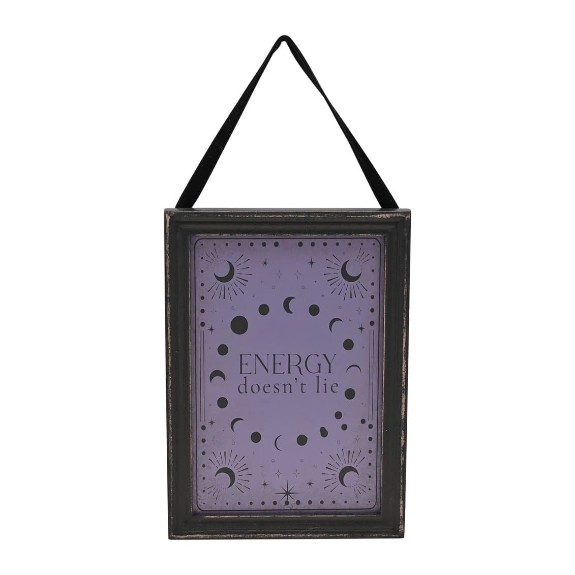 Wooden hanging plaque with a quote and moons, suns and stars