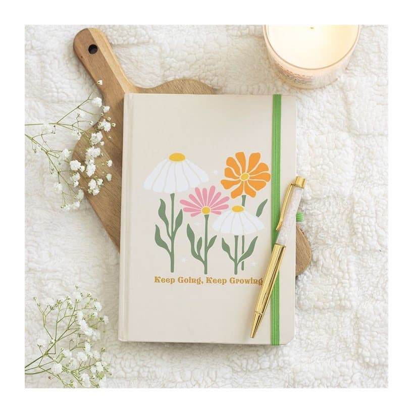 A5 notebook titled Keep Going, Keep Growing with a rose quartz pen