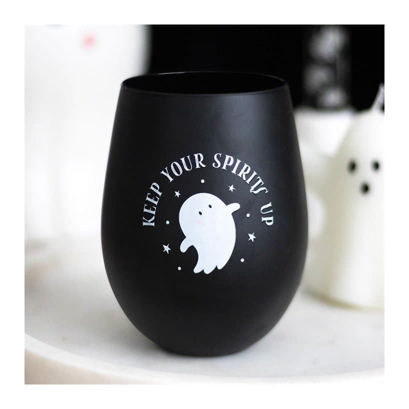 Stemless glass with a ghost print and the words Keep Your Spirits Up