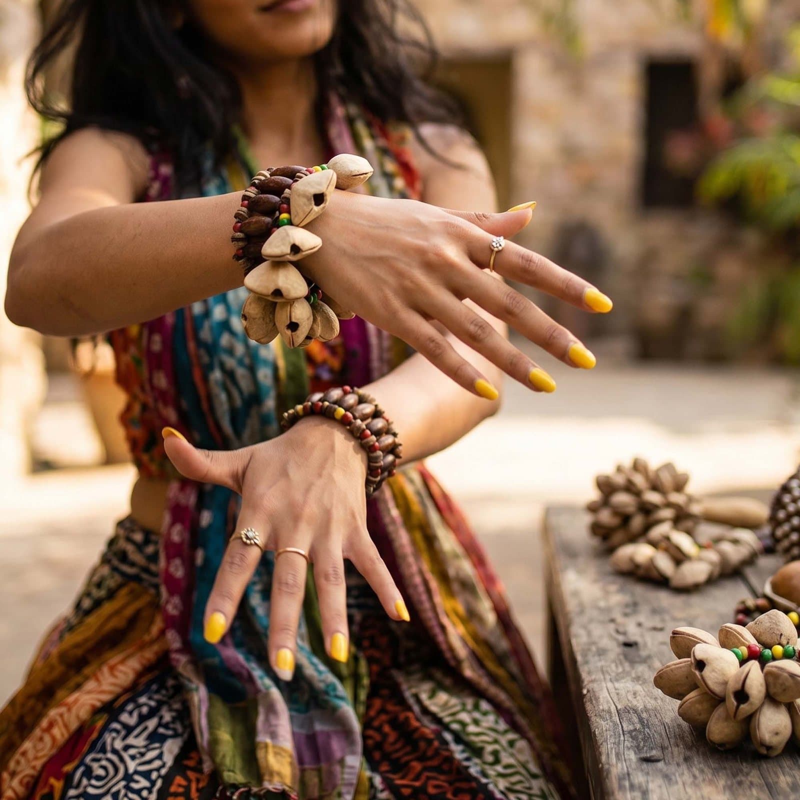 Kenari shell shaker bracelet with wooden beads and bright colour accents