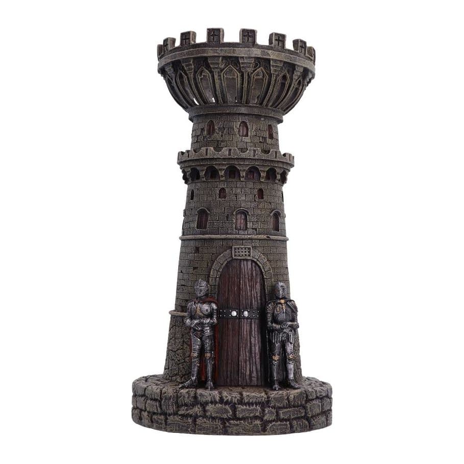 Castle spire candle holder with two knights at the entrance