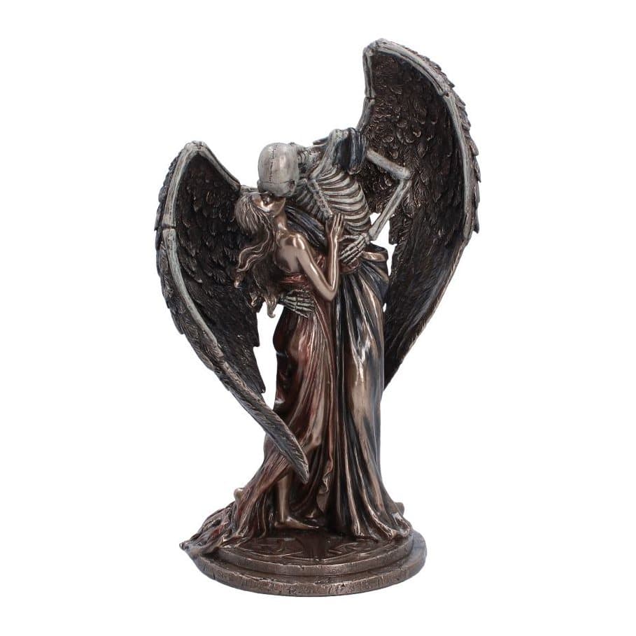 Bronze-like figurine of skeletal death with wings embracing a woman in a kiss