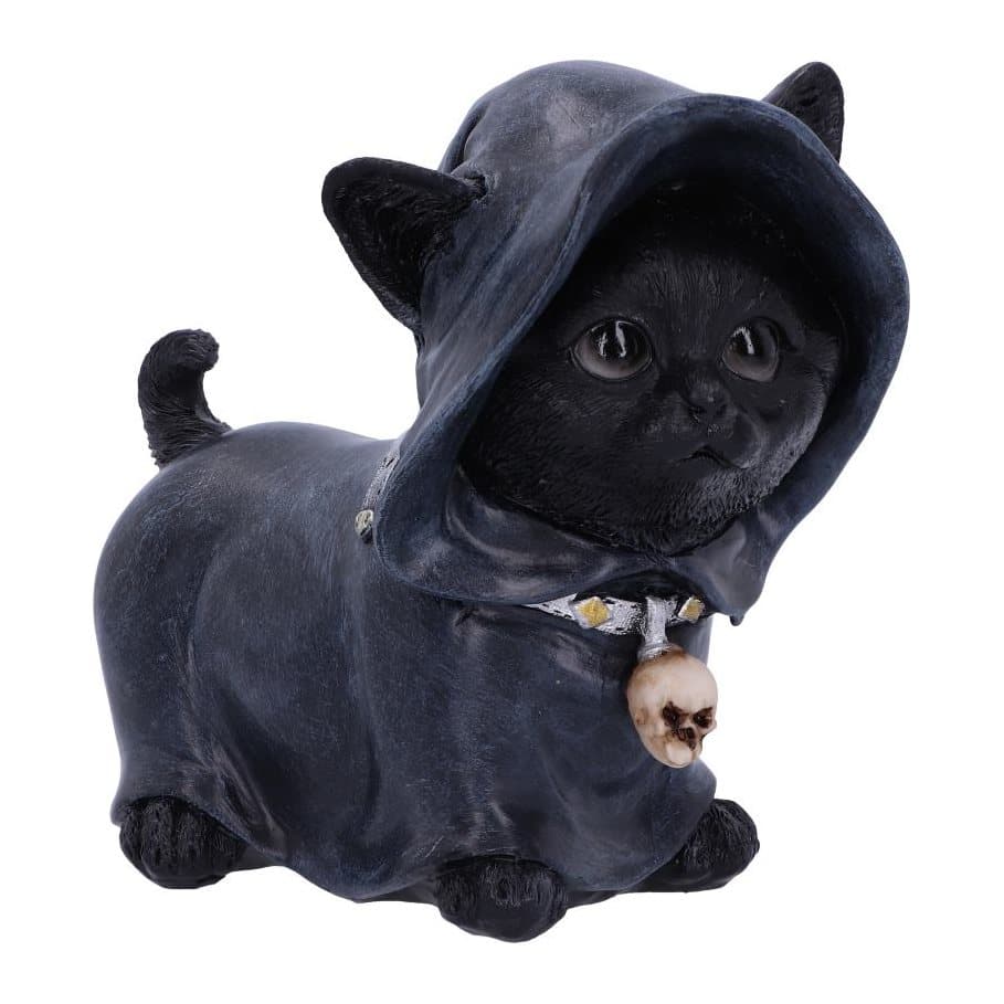 Black reaper kitten figurine in a shroud with a silver collar and skull charm