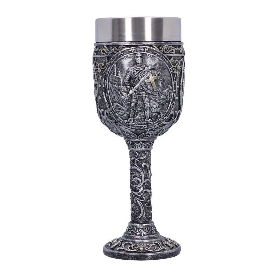 Resin goblet painted with knights, castles and a gold Templar cross
