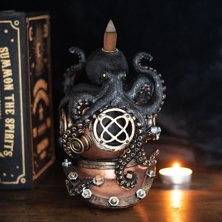Kraken sitting on a vintage-style diver's helmet backflow incense burner