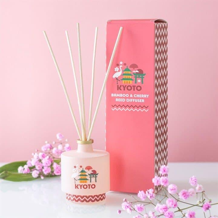 Kyoto bamboo and cherry blossom reed diffuser in a colour cardboard box with a window