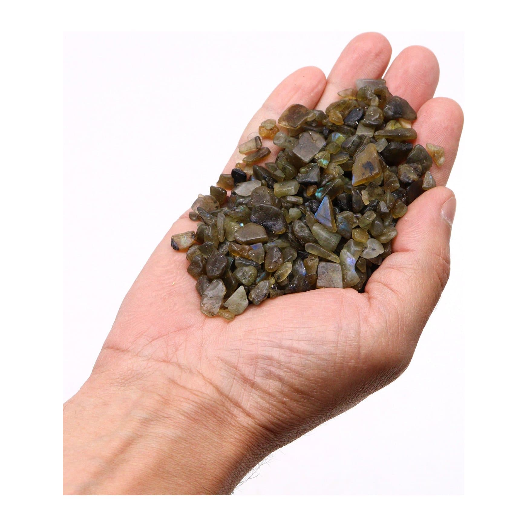 Natural labradorite gemstone chips with blue and green flashes
