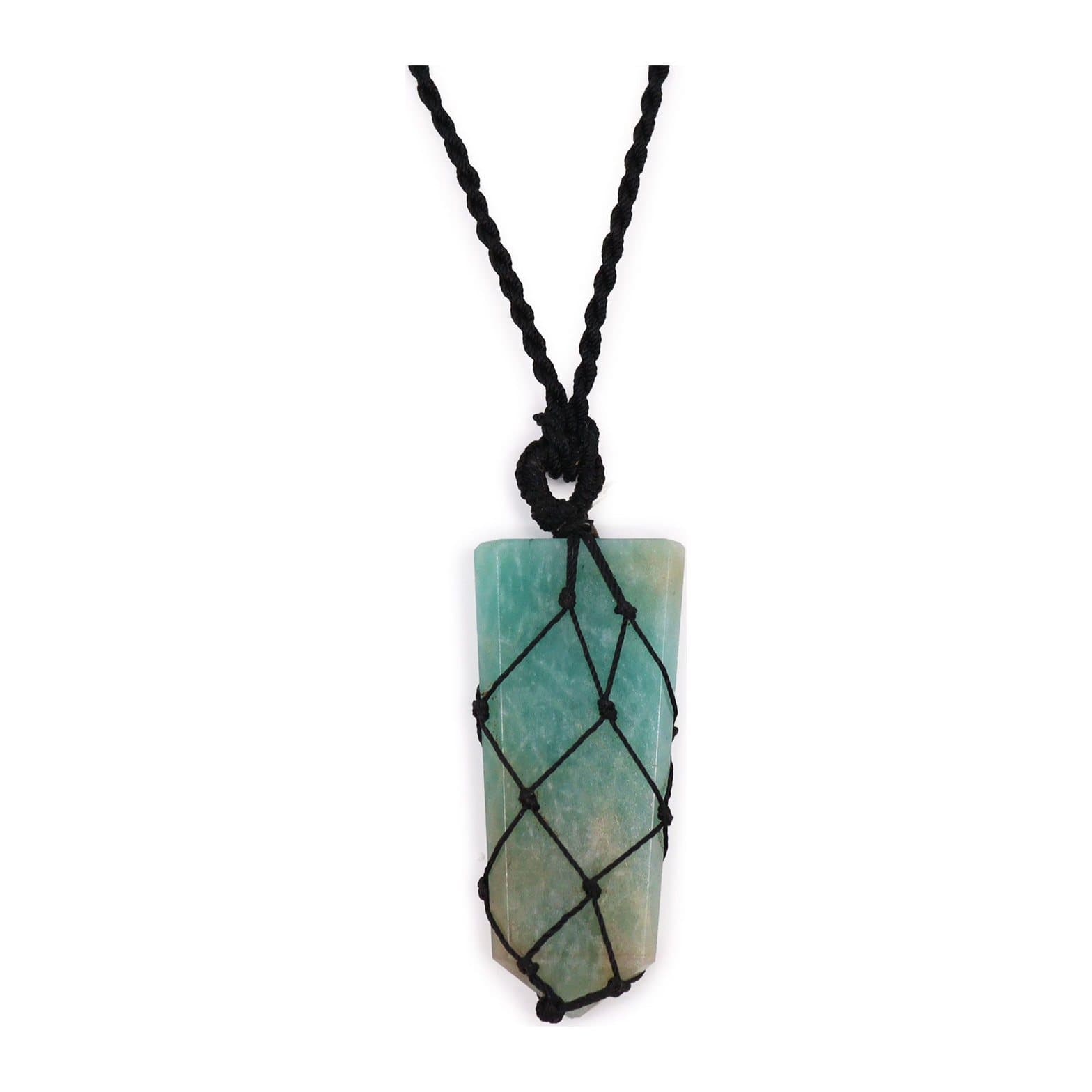 Aqua-green amazonite flat point pendant wrapped in lace on an adjustable string