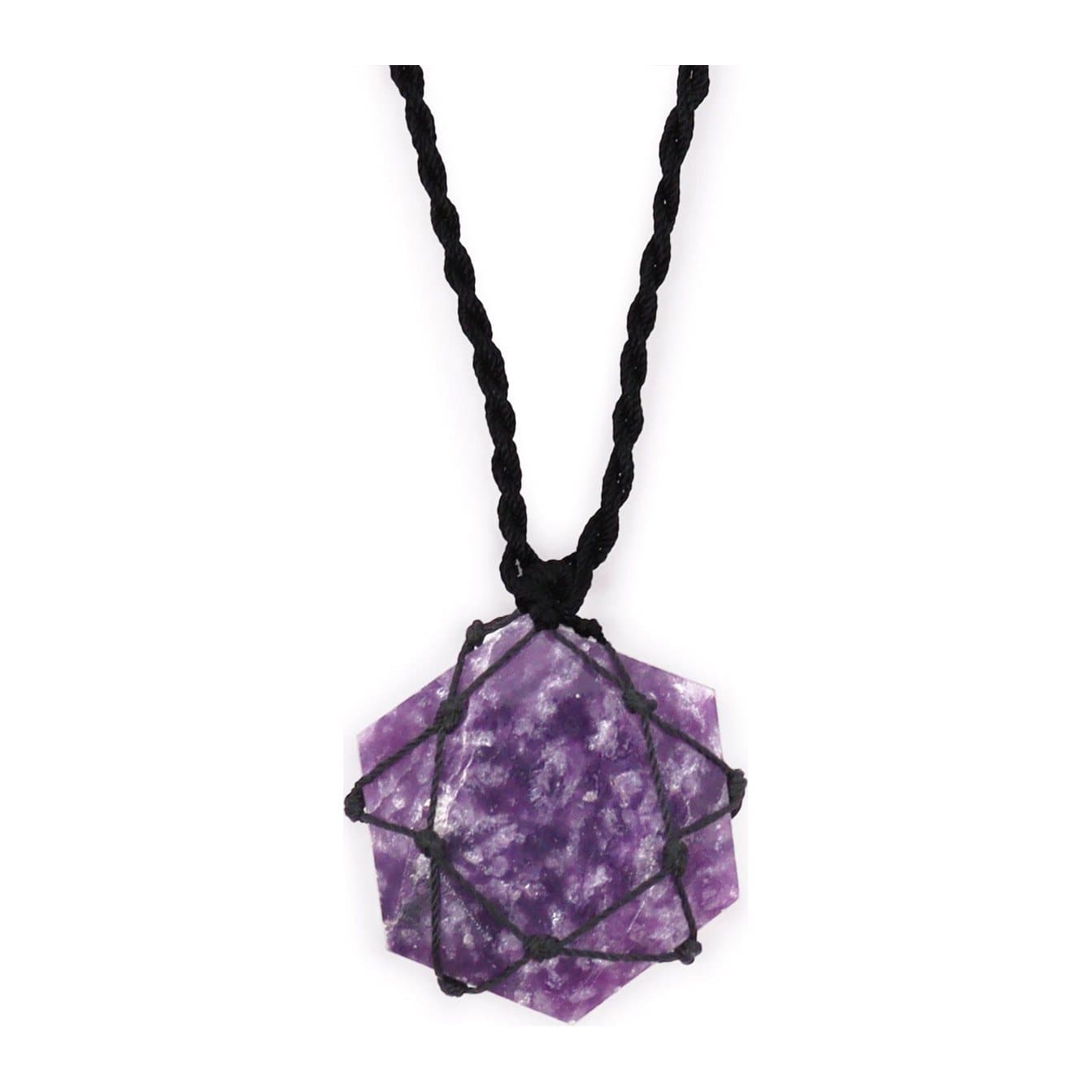 Laced lepidolite hexagon gemstone pendant on an adjustable string