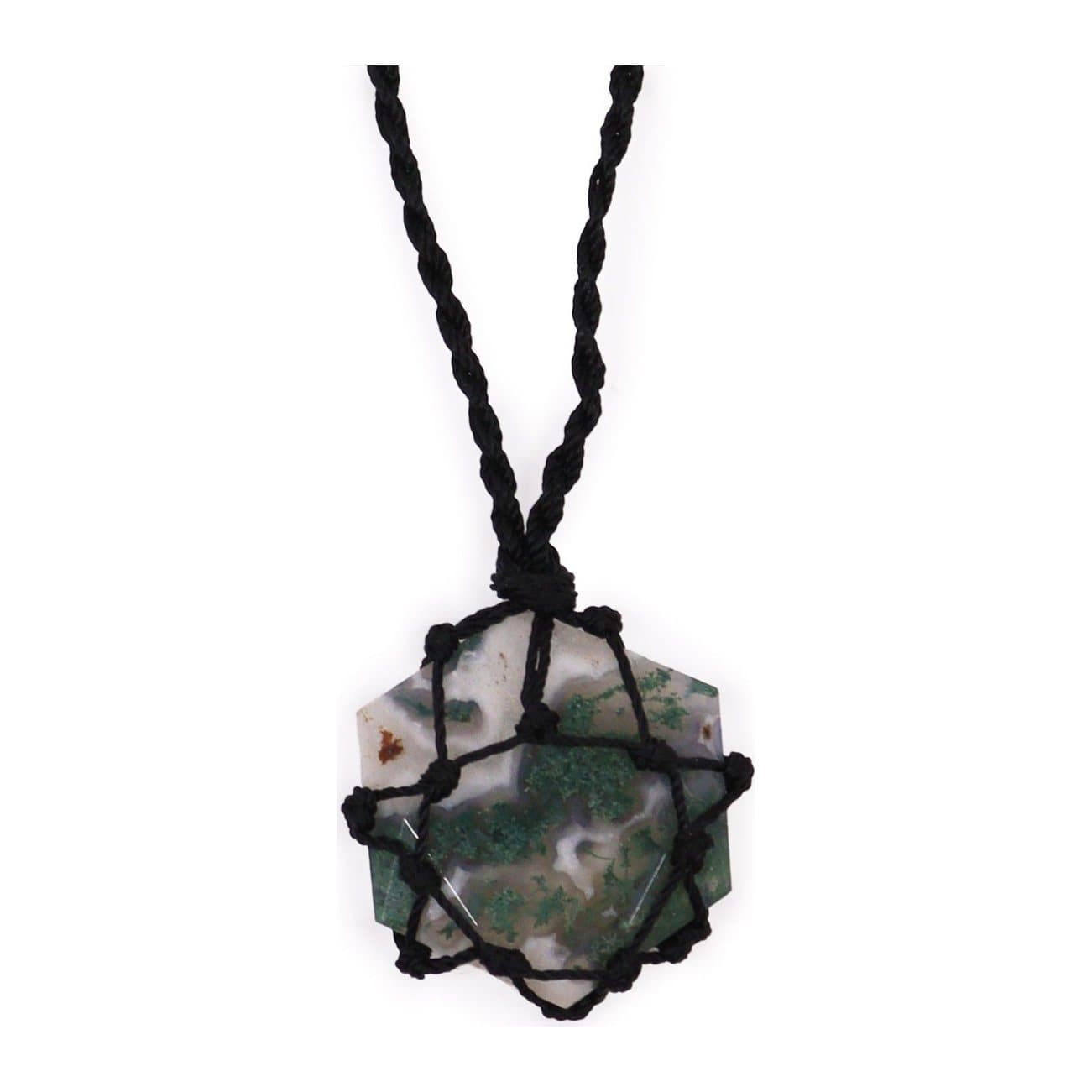 Hexagon moss agate pendant on a laced adjustable string