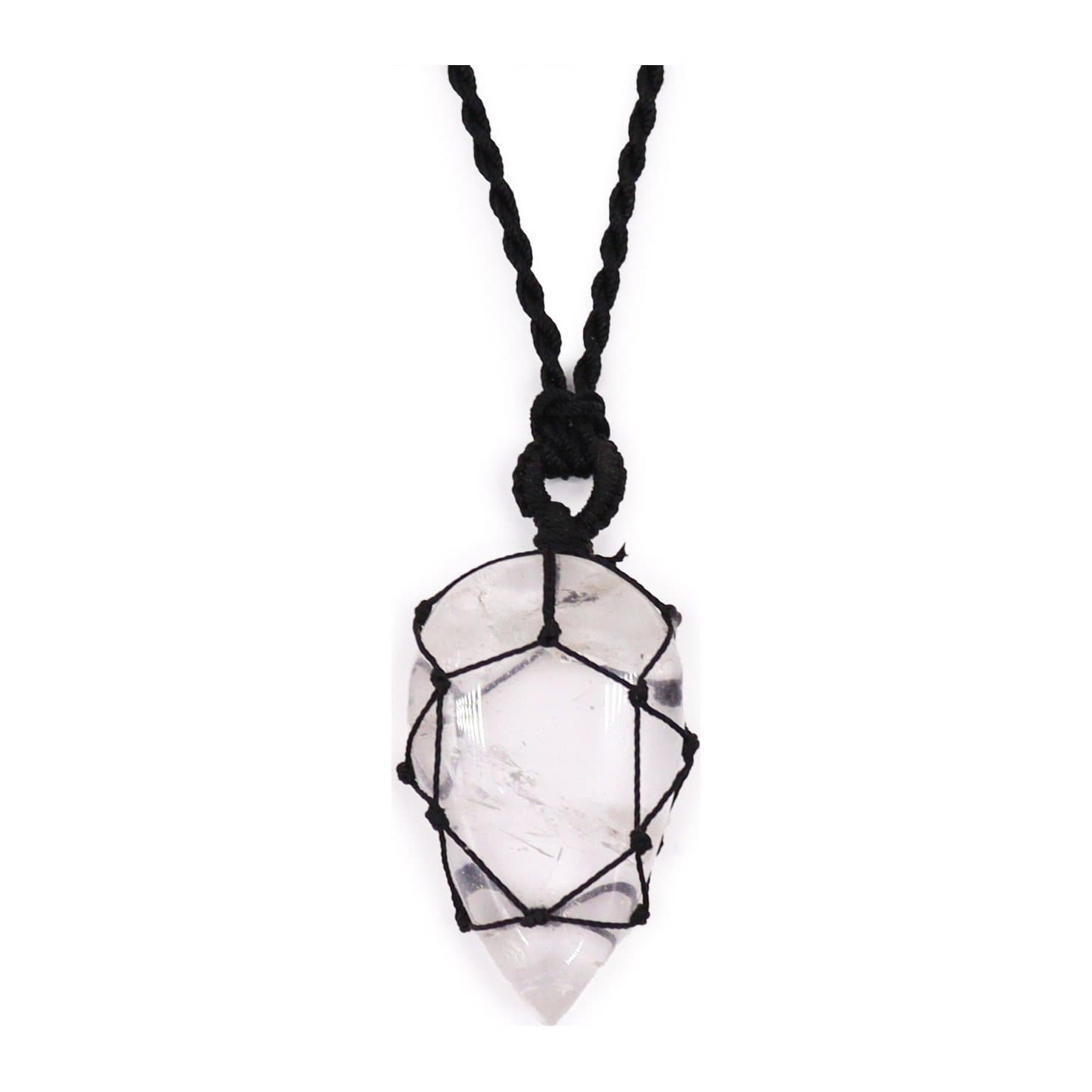 Laced rock quartz teardrop pendant on an adjustable string