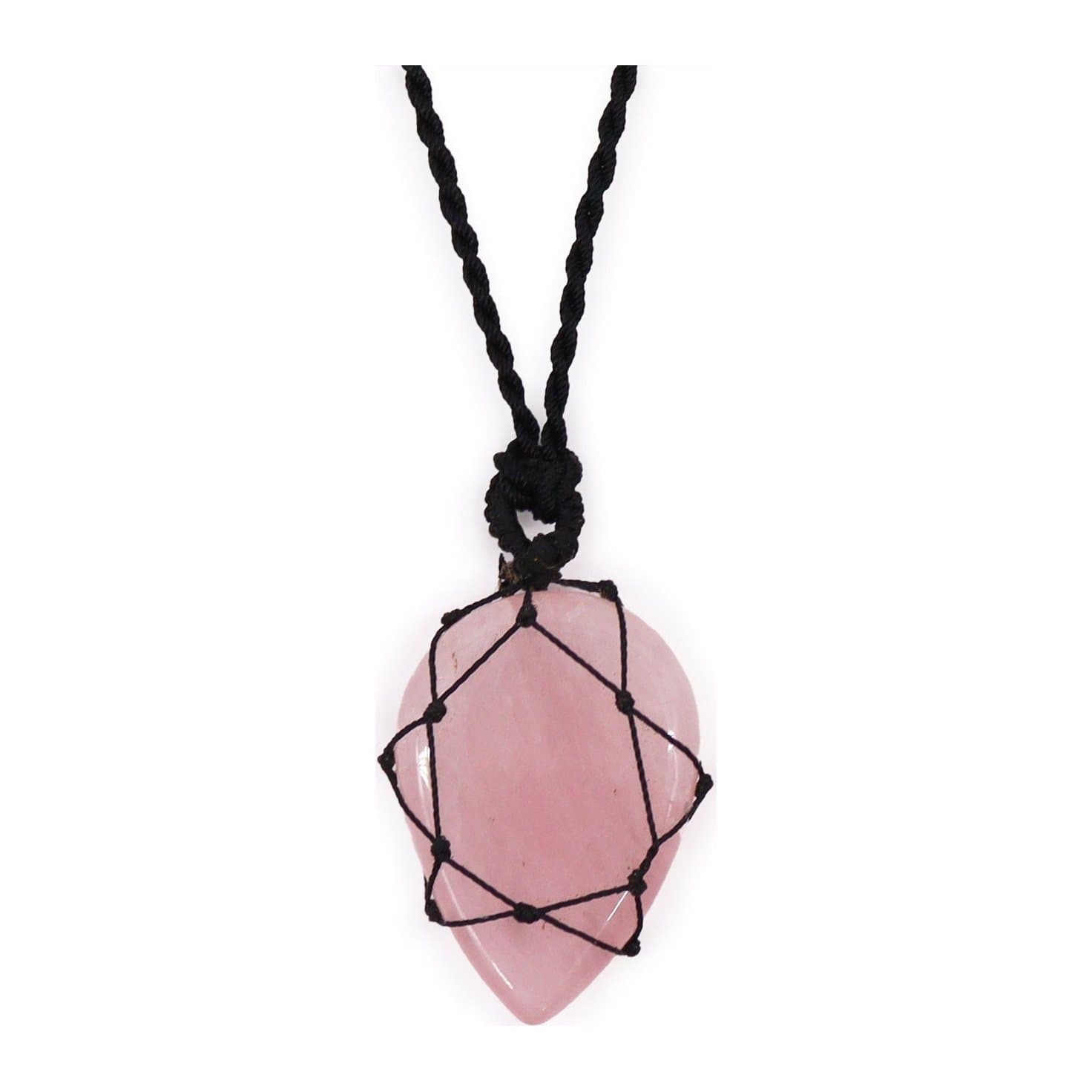 Pink rose quartz teardrop pendant laced onto an adjustable string