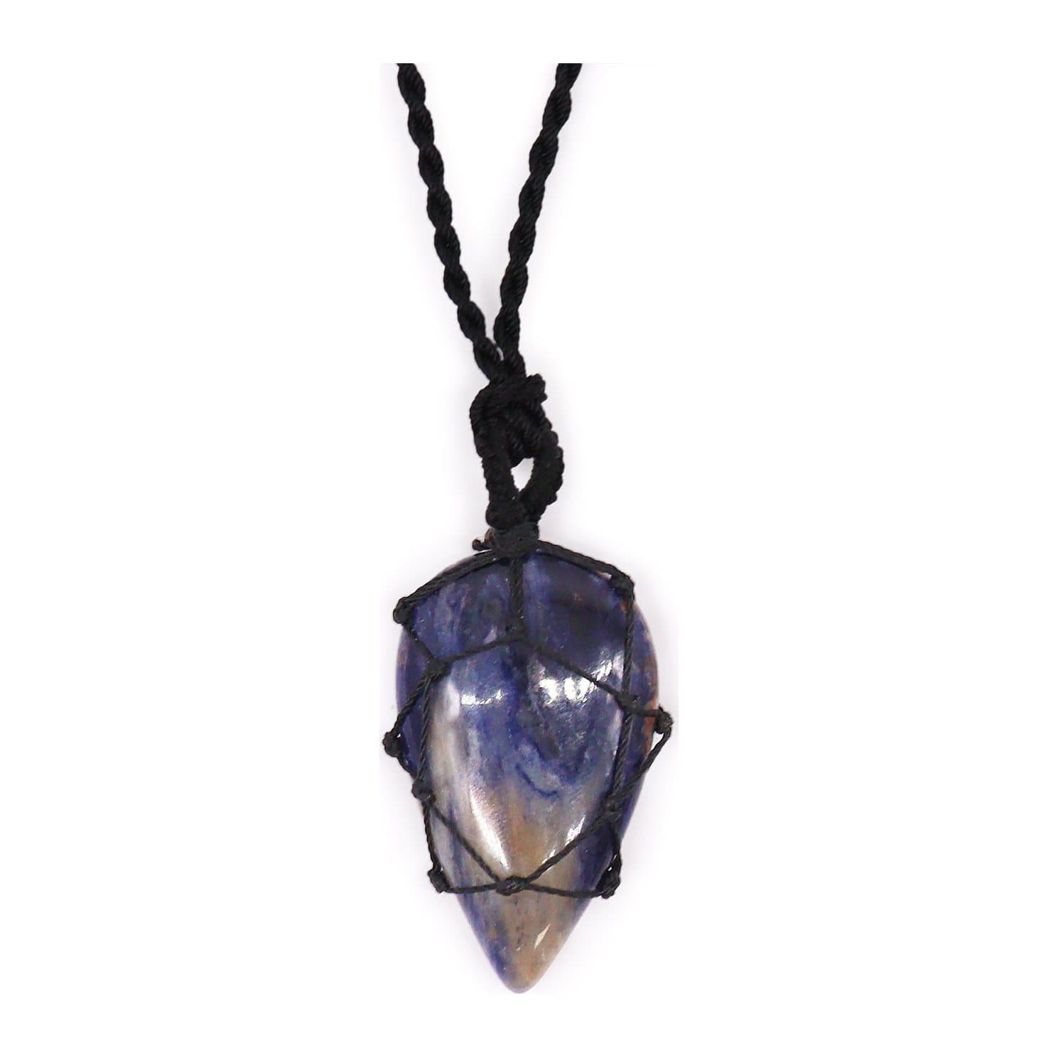 Blue sodalite teardrop pendant with white marbling, laced onto an adjustable string