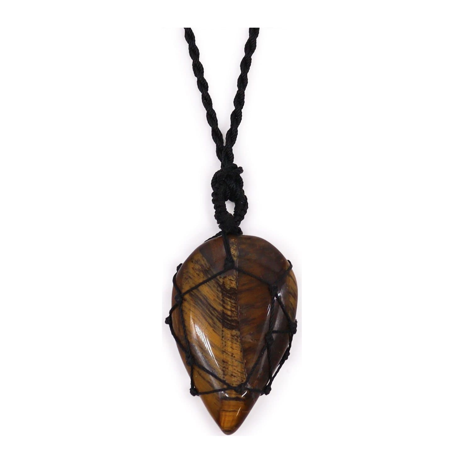 Tigereye teardrop pendant with golden brown bands on a lace string