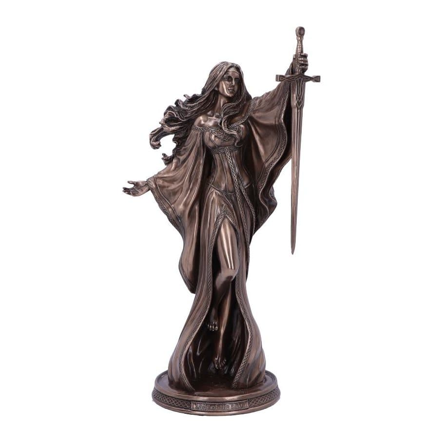 Bronze resin Lady of the Lake figurine rising from water holding a sword aloft