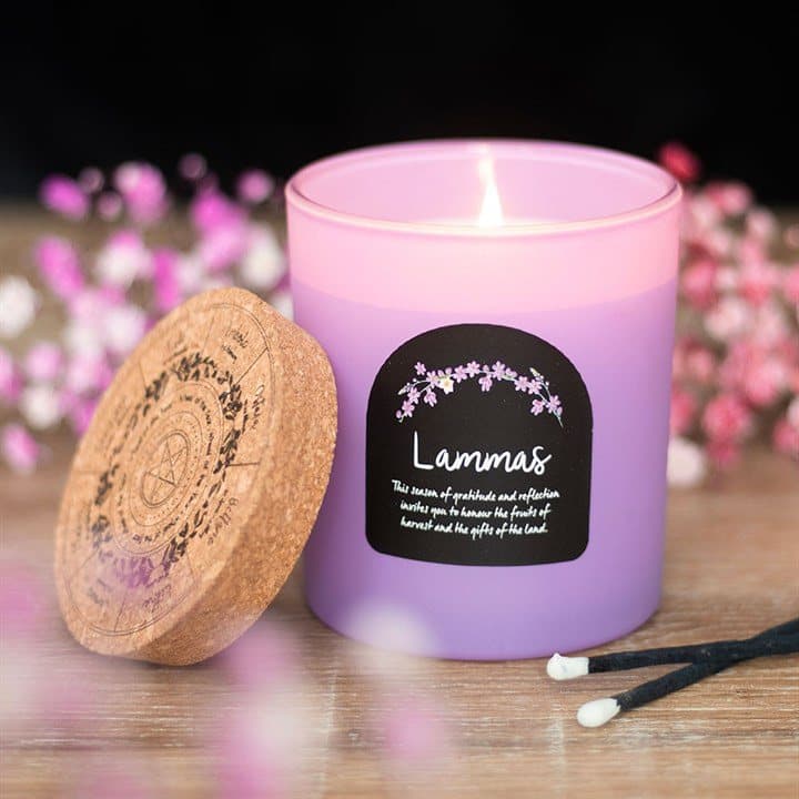 Lammas candle with a cork lid and a colour cardboard box