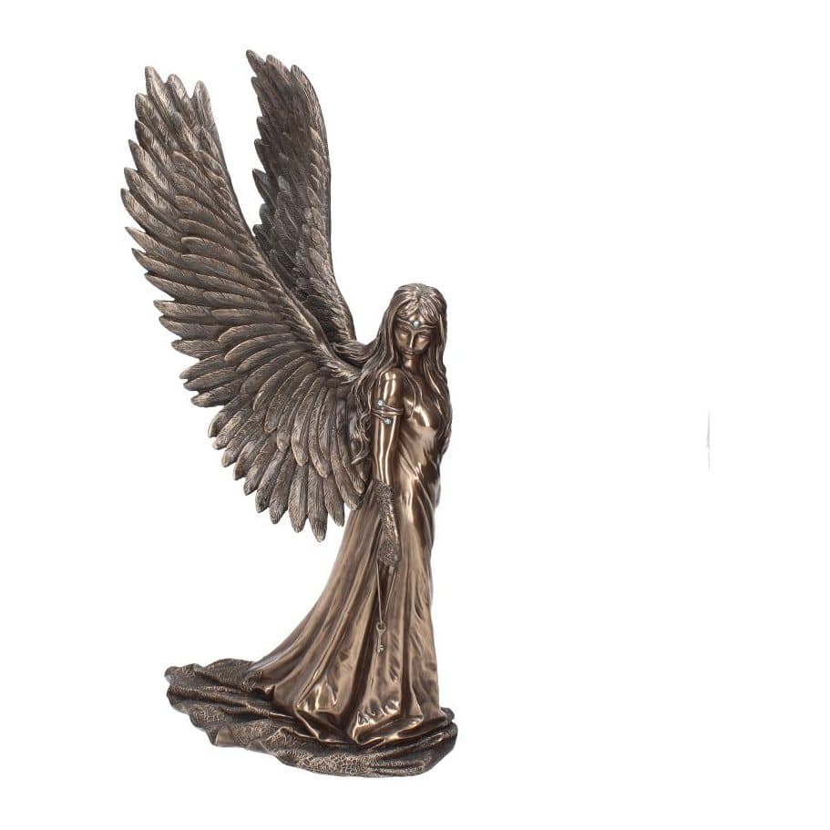 Bronze-finish angel figurine with long wings, flowing dress and a key on a chain