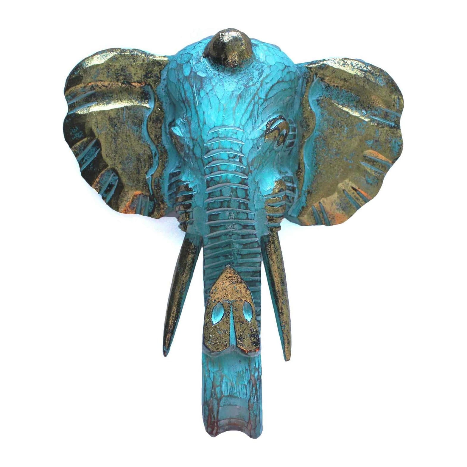 Wood carved elephant head and horse ornaments in gold, turquoise and antique finishes