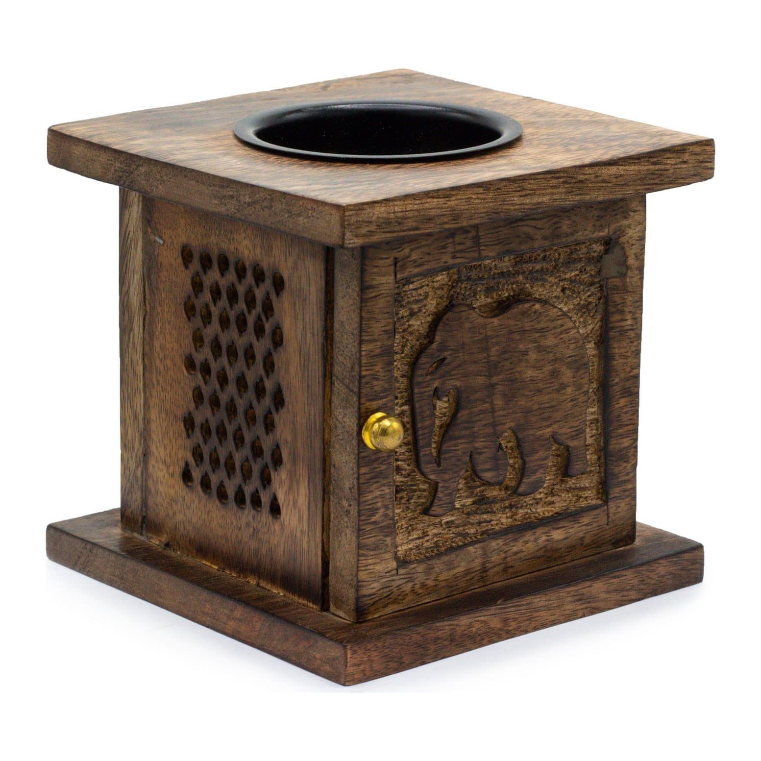Mango wood box oil burner with carved elephant and brass knob