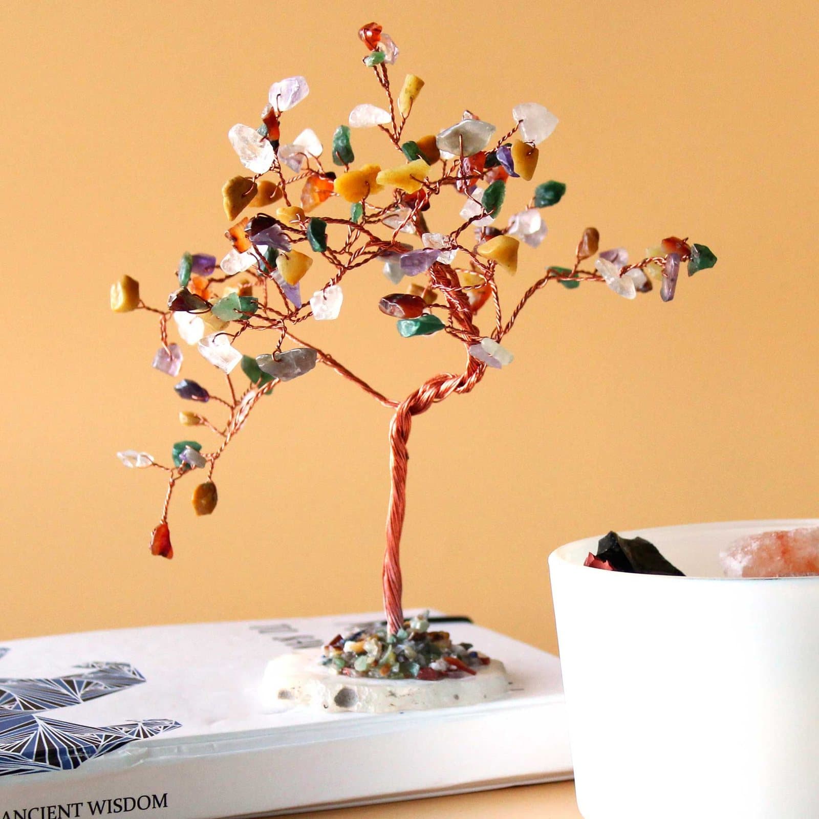 Large gemstone tree with colourful chip stones on an agate base