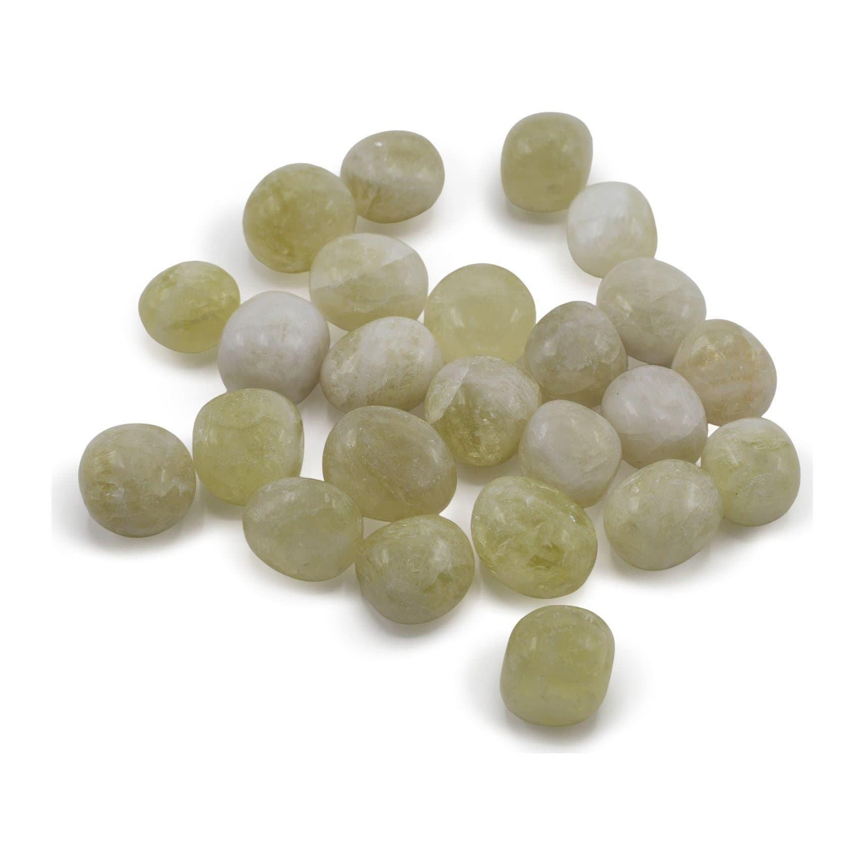 Polished yellow citrine tumble stones in a pile