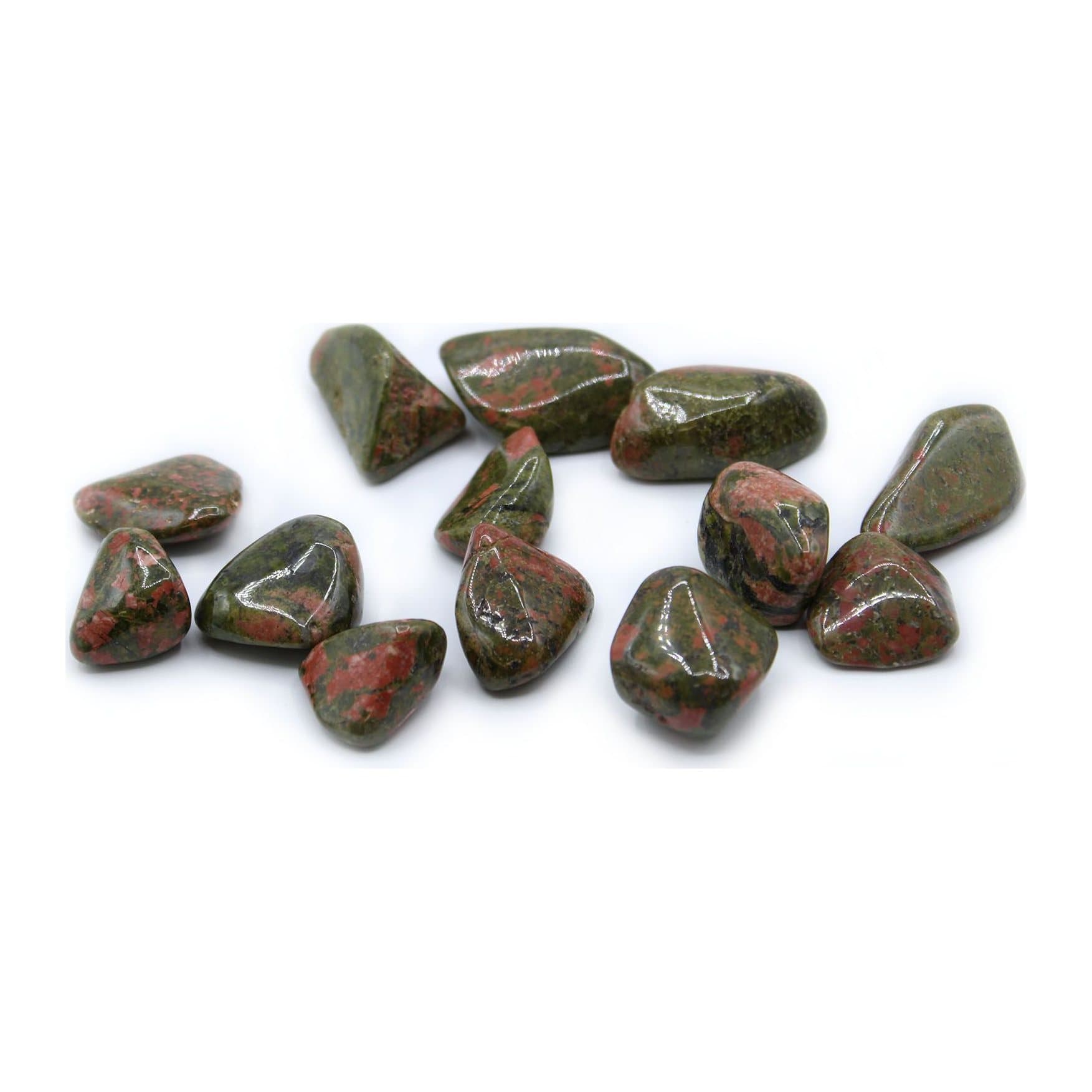 Polished unakite tumble stones in a bag of 24