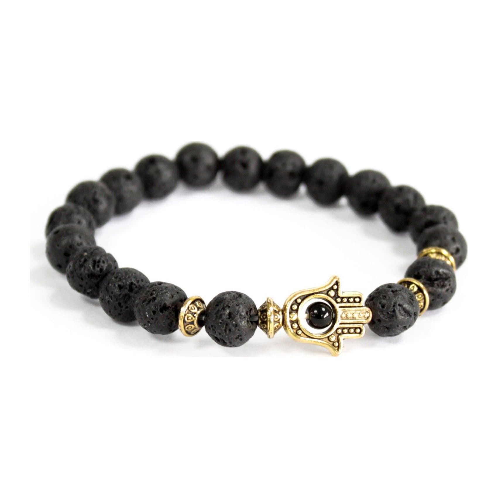Stretch bracelet of lava stone beads with a gold hamsa charm