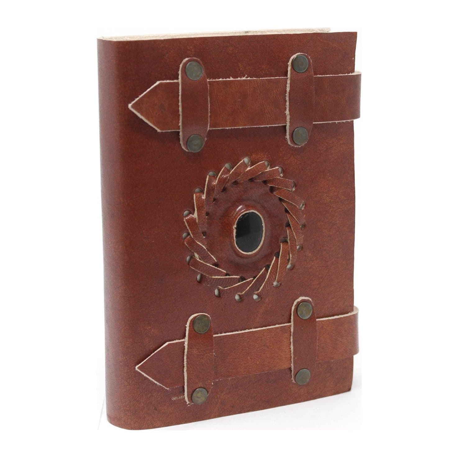 Leather notebook with belts, buckles and a black onyx gemstone