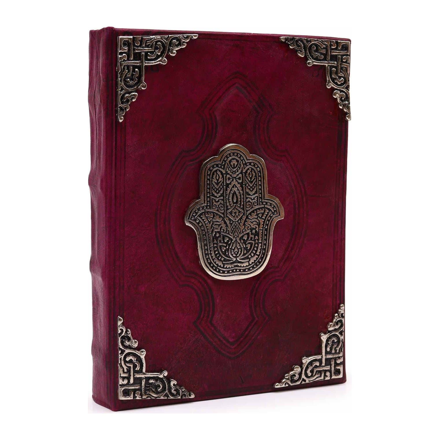 Tan journal with deckle-edged pages and a hamsa or evil eye design