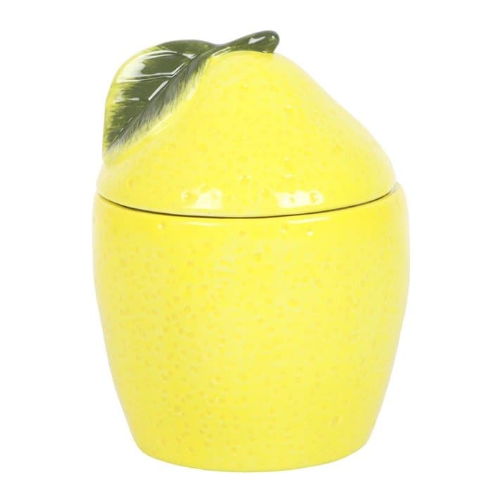 Bright yellow lemon-themed ceramic oil burner with lid