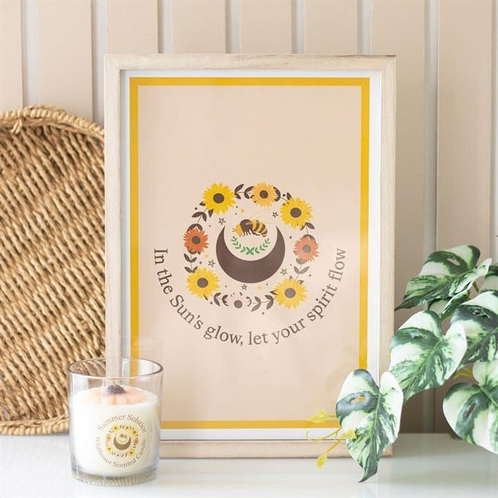 Framed print of a bee, sunflowers and crescent moon with text