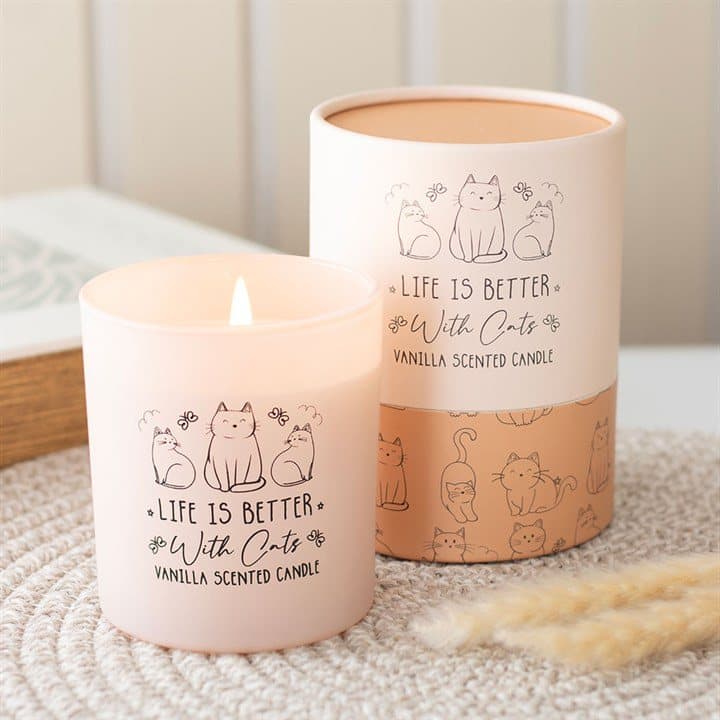 Vanilla scented candle in a blush pink glass jar with cat illustrations