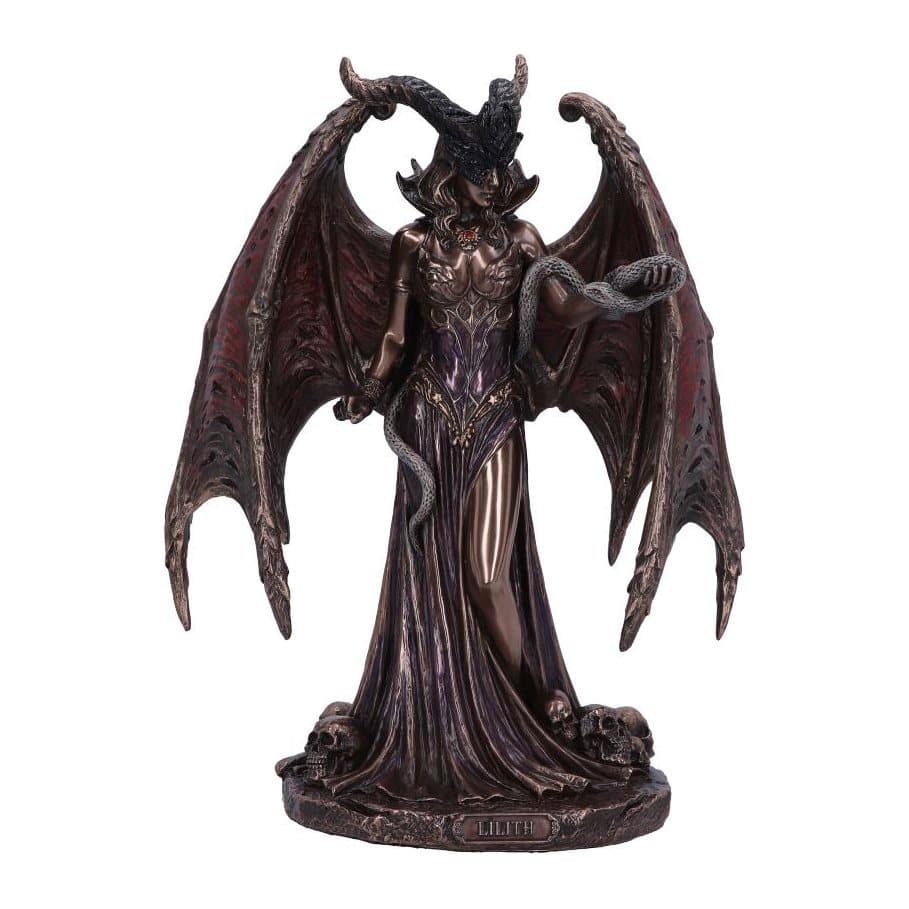Bronze-finished resin figurine of winged Lilith with horned mask and snake