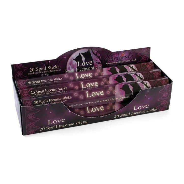 Display box of six packs of Love Spell incense sticks by Lisa Parker